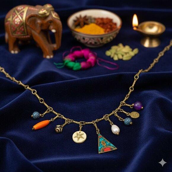 Indian Artisanal Boho Chic Necklace Antique Gold Charms Colorful Accents - Picture 9 of 9